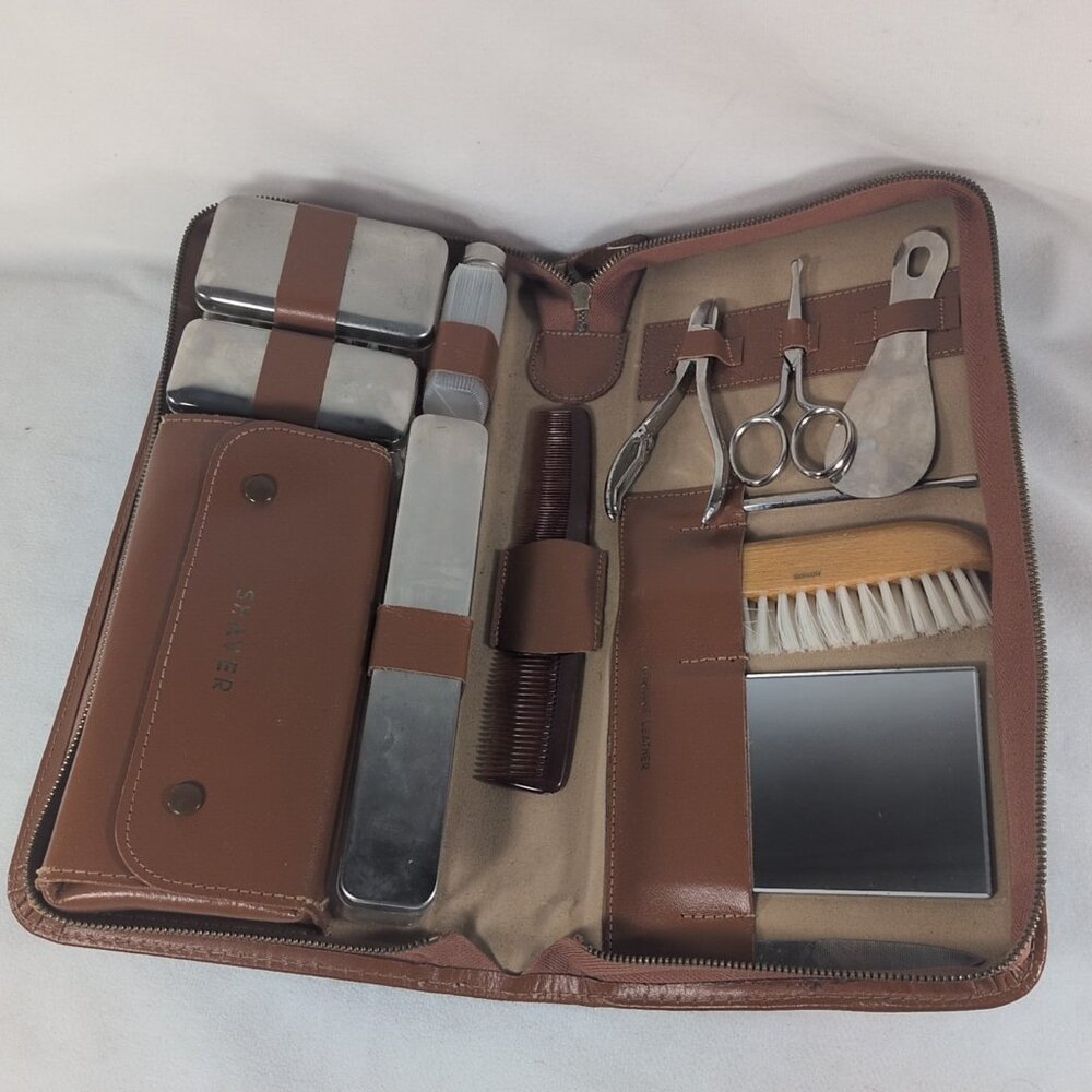 Vintage Travel Shaving Grooming Kit Brown Zip Leather Case Brush A. A. Germany